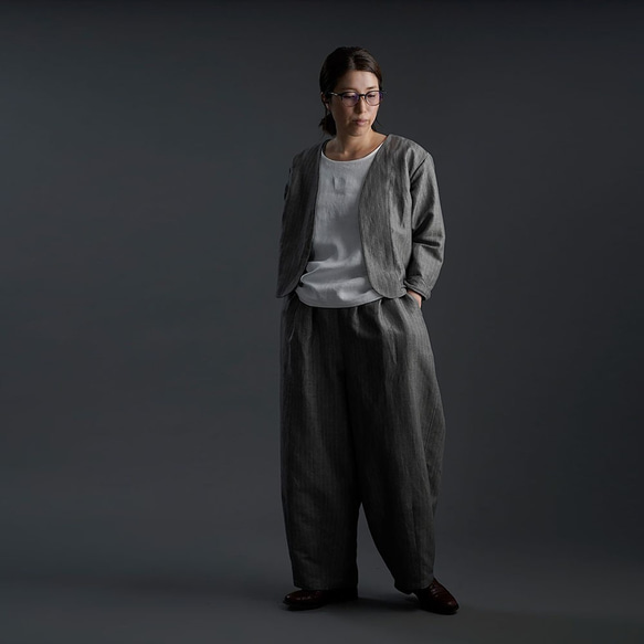 【wafu】Linen two piece set 上下セット / 超高密度ヘリンボーン x002a-gys2 6枚目の画像