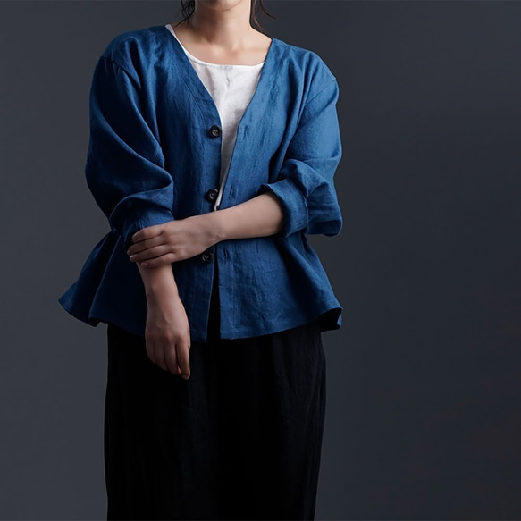 【wafu プレミアム】Linen Basque jacket  艶バスクジャケット/オーシャン h005e-ocn2 1枚目の画像