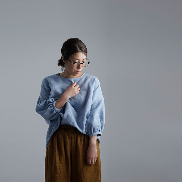 Linen Top 表面起毛 ふんわり袖 ガゼットブラウス /水色 t011f-blu2 6枚目の画像