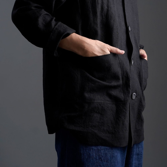 [wafu] 亞麻夾克連身服男女通用 / 黑色 h031c-bck2 第7張的照片