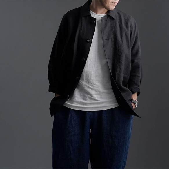 【L】Linen Jacket　カバーオール 男女兼用 /ブラック h031c-bck2-l 1枚目の画像