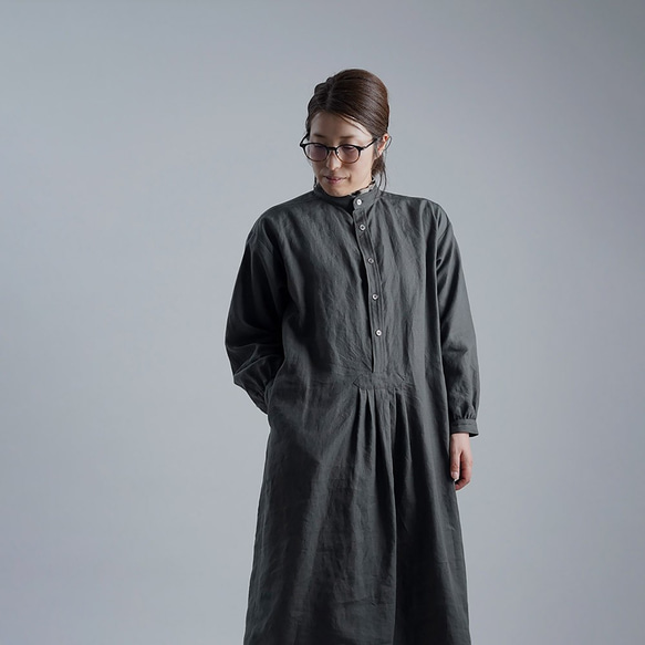 Linen Dress 超高密度リネン スタンドカラーシャツテール / フォレッジグリーン a018d-fgg1 2枚目の画像