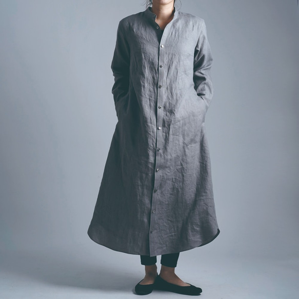 【Lサイズ】Linen Dress シャツテール ワンピース/鈍色(にびいろ) a015c-nib1-l 2枚目の画像