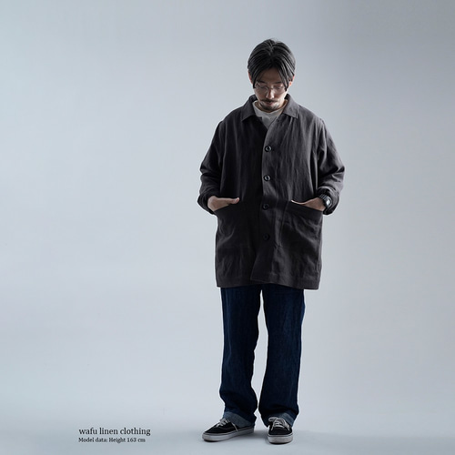 wafu】Linen Jacket カバーオール 男女兼用 厚地ツイル / マホガニー