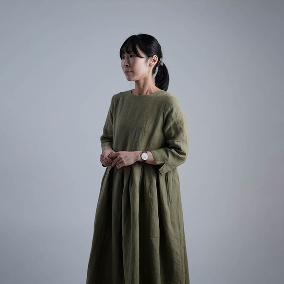 [wafu] 亞麻洋裝 鍵盤褶皺洋裝 中等重量布料/柳染 a013s-ygz2 第1張的照片