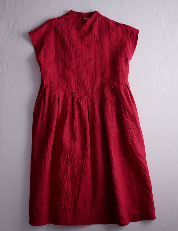 【wafu】Linen Dress レイズド・ネック ワンピース 紐付き ドレス / 赤紅 a048e-akb1 9枚目の画像