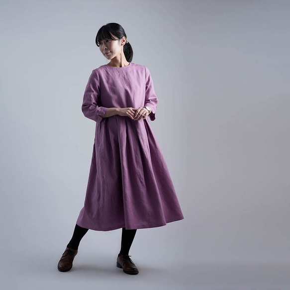 適合春裝！ [Wafu] 亞麻連衣裙鍵盤褶襉一件超高密度亞麻/淡紫色 a013r-fji1 第4張的照片