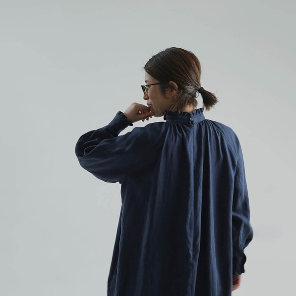 【wafu】Linen Dress フリルネックドレス / 留紺(とめこん) a088a-tmk1 4枚目の画像