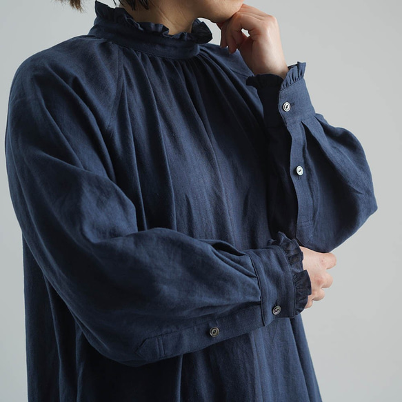 【wafu】Linen Dress フリルネックドレス / 留紺(とめこん) a088a-tmk1 7枚目の画像