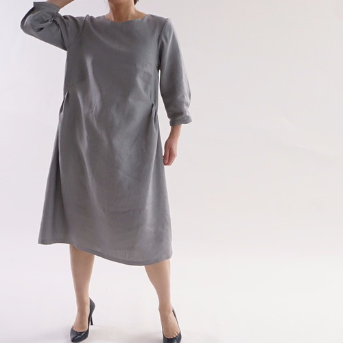 wafu】厚地 リネンワンピース 7分袖サイドタック 袖カフス / グレー a1  