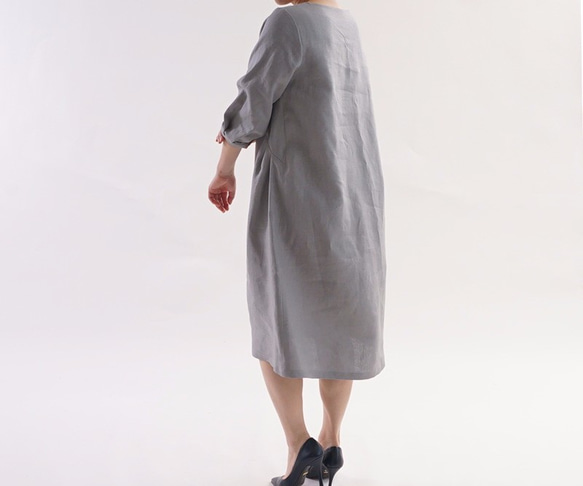【華夫】厚亞麻連衣裙7分袖側面袖口袖口/灰色a1-12 第2張的照片