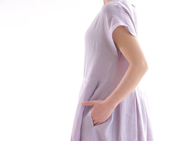 【Wafu】薄立陶宛亞麻連身裙蓬鬆法式長袖/ Wistaria紫色a013c-wpl1 第7張的照片