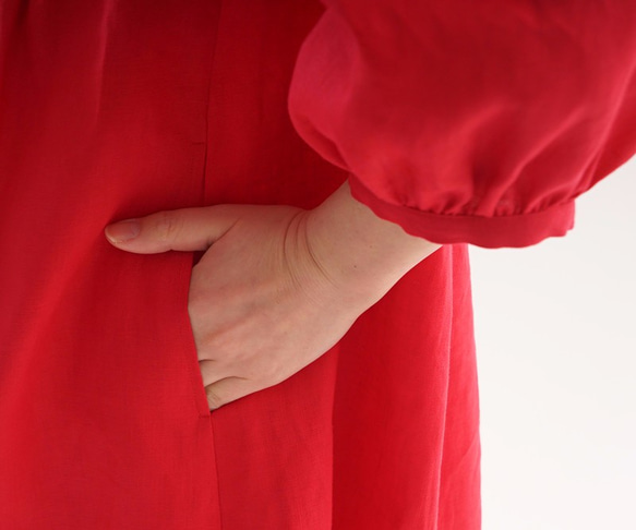 【Wafu】比利時亞麻美女V領四分袖mimore長度褶襉輸入線條一件/胭脂a57-7 第4張的照片