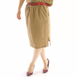 與狹縫口袋&lt;嘗試商品&gt;棉亞麻混紡縐橡膠腰裙腰帶環裙/琥珀色sk4-1 第1張的照片
