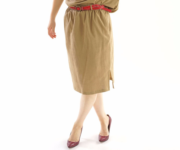 與狹縫口袋&lt;嘗試商品&gt;棉亞麻混紡縐橡膠腰裙腰帶環裙/琥珀色sk4-1 第1張的照片