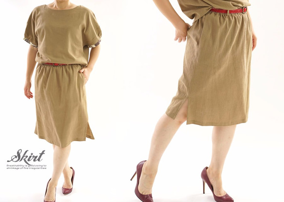 與狹縫口袋&lt;嘗試商品&gt;棉亞麻混紡縐橡膠腰裙腰帶環裙/琥珀色sk4-1 第2張的照片