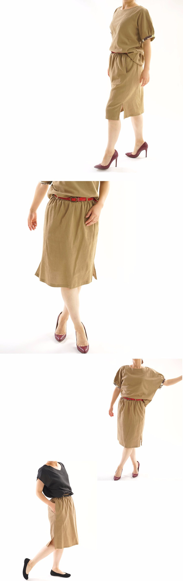 與狹縫口袋&lt;嘗試商品&gt;棉亞麻混紡縐橡膠腰裙腰帶環裙/琥珀色sk4-1 第5張的照片
