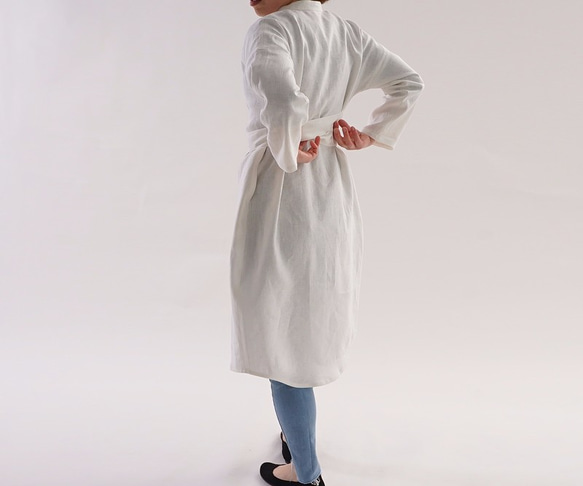 【wafu】中厚 ベルギーリネン 羽織　スタンドカラーロングシャツ /ホワイト b28-2 2枚目の画像