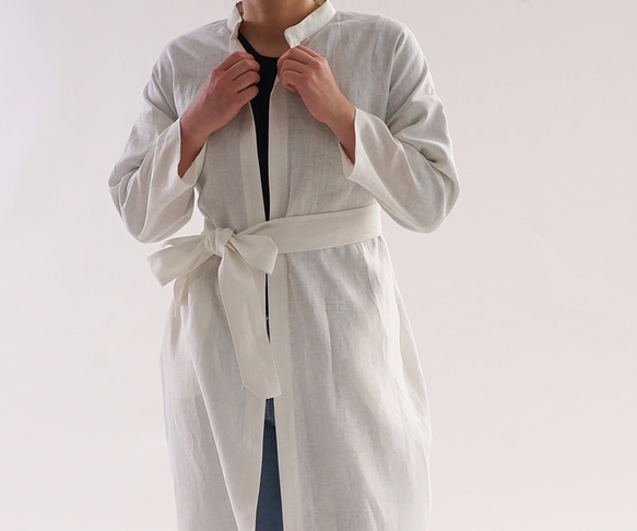 【wafu】中厚 ベルギーリネン 羽織　スタンドカラーロングシャツ /ホワイト b28-2 3枚目の画像