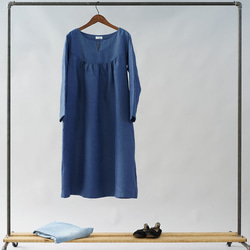 [Wafu]中厚亞麻連衣裙開叉領收腰連衣裙/藍色海洋A033A-BUM2 第9張的照片