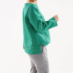 【Wafu】&lt;試用品&gt;船領亞麻上衣長袖上衣麻身上衣/ fjord綠色a24-27 第4張的照片
