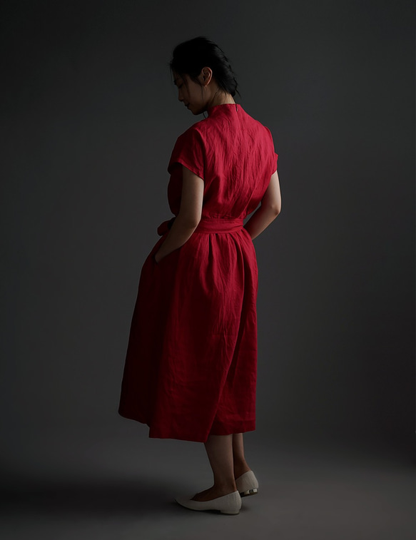 [wafu] 亞麻連衣裙 高領領口連體衣/胭脂 a048a-rgu2 第3張的照片