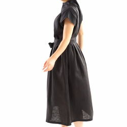 [wafu+] 亞麻連衣裙 高領法式袖褶連衣裙/黑色 a048a-bck2 第2張的照片