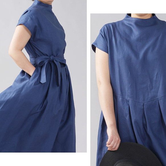[Wafu +]中厚亞麻連衣裙高領口法國袖/藍色Marine a048a-bum2 第2張的照片
