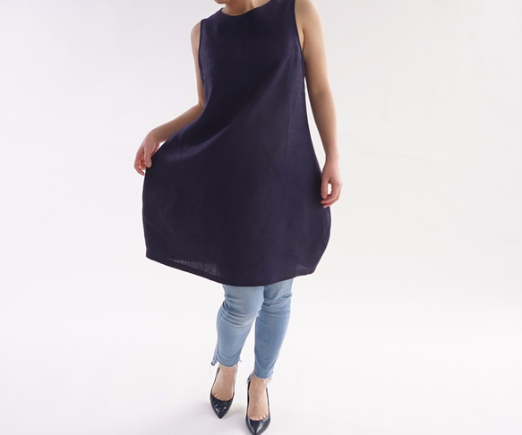 [僅限一件衣服！試用項目] Atsuji亞麻連衣裙Cocoon無袖/深藍色a028b-nbn2 第3張的照片