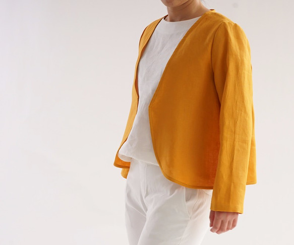 【Wafu】比利時亞麻長外套和開衫bolero麻外/印度黃b1-5 第4張的照片