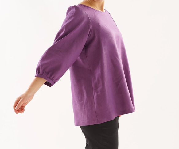 [Wafu]比利時亞麻外衣罩衫甲線回色帶粉撲袖子/胭脂特爾尼 第2張的照片