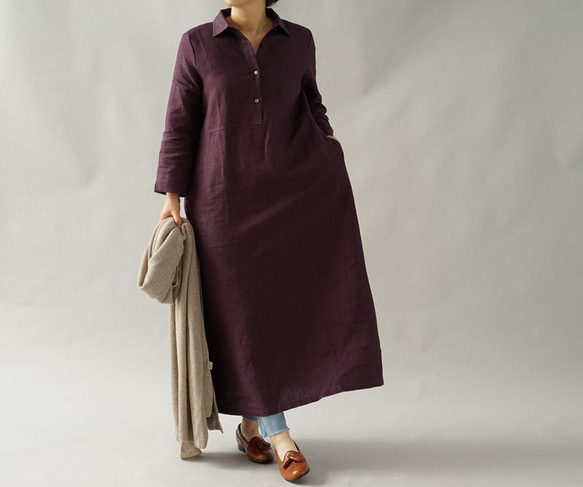 [Wafu +]溫暖的溫暖亞麻連衣裙水平顏色長襯衫裙/純a064c-pws3 第3張的照片