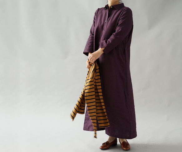 [Wafu +]溫暖的溫暖亞麻連衣裙水平顏色長襯衫裙/純a064c-pws3 第7張的照片