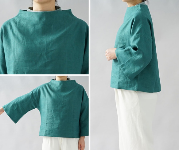[Wafu]亞麻長袍上衣瓶頸亞麻鐘形袖/帝國綠色t023a-egn2 第10張的照片