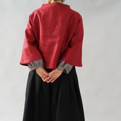 [Wafu]亞麻長袍上衣麻襯衫瓶頸喇叭袖上衣/寶石紅t023a-rre2 第4張的照片