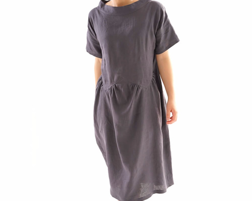 wafu】雅亜麻 リネンワンピース ドロップショルダー ワンピース/ 墨色