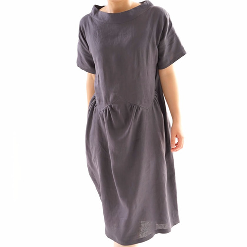 wafu】雅亜麻 リネンワンピース ドロップショルダー ワンピース/ 墨色