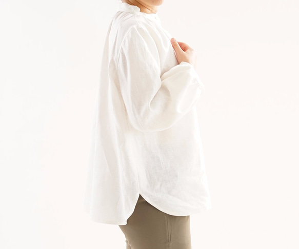 【wafu】中厚 リネン ふんわり袖 スタンドカラー シャツ チュニック / ホワイト t032d-wht2 2枚目の画像