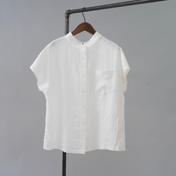 [wafu/M號] 稍薄亞麻法袖立領襯衫/白t008e-wht1-M 第10張的照片