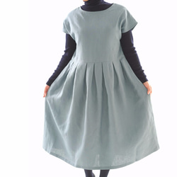 [Wafu]亞麻連衣裙法式袖褶連衣裙/ Etain blue a13-55 第1張的照片