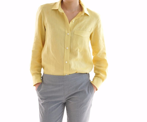 [Wafu +]淺色立陶宛亞麻正品高檔襯衫長袖/黃綠色黃色t032b-sye1 第1張的照片