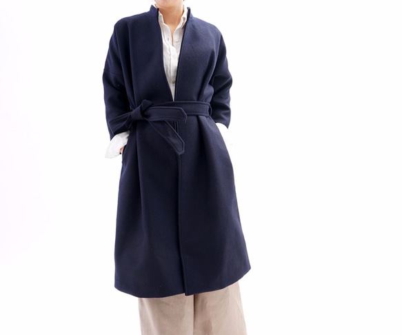 [Wafu] &lt;秋冬&gt;羊毛羊毛外套立領袍塗層/深藍色的b23-14 第1張的照片