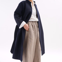 [Wafu] &lt;秋冬&gt;羊毛羊毛外套立領袍塗層/深藍色的b23-14 第3張的照片