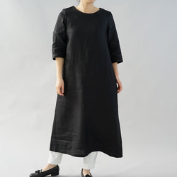 [Wafu]亞麻連衣裙一件長長A線3/4袖子/黑色a032d-bck2 第1張的照片
