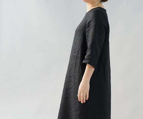 [Wafu]亞麻連衣裙一件長長A線3/4袖子/黑色a032d-bck2 第7張的照片