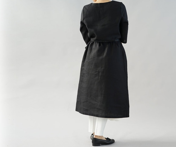 [Wafu]亞麻連衣裙一件長長A線3/4袖子/黑色a032d-bck2 第8張的照片