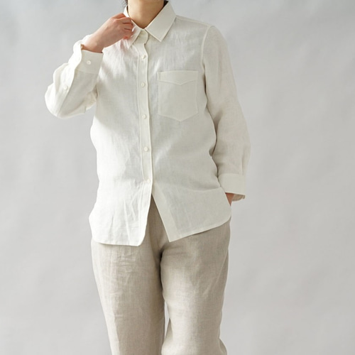 wafu】中厚 リネン 本格 premium シャツ 長袖シャツ シンプル 白シャツ 