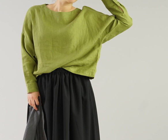 [Wafu]薄立陶宛亞麻襯衫襯衫下擺長袖/橄欖色passe t002a-ovp1 第1張的照片