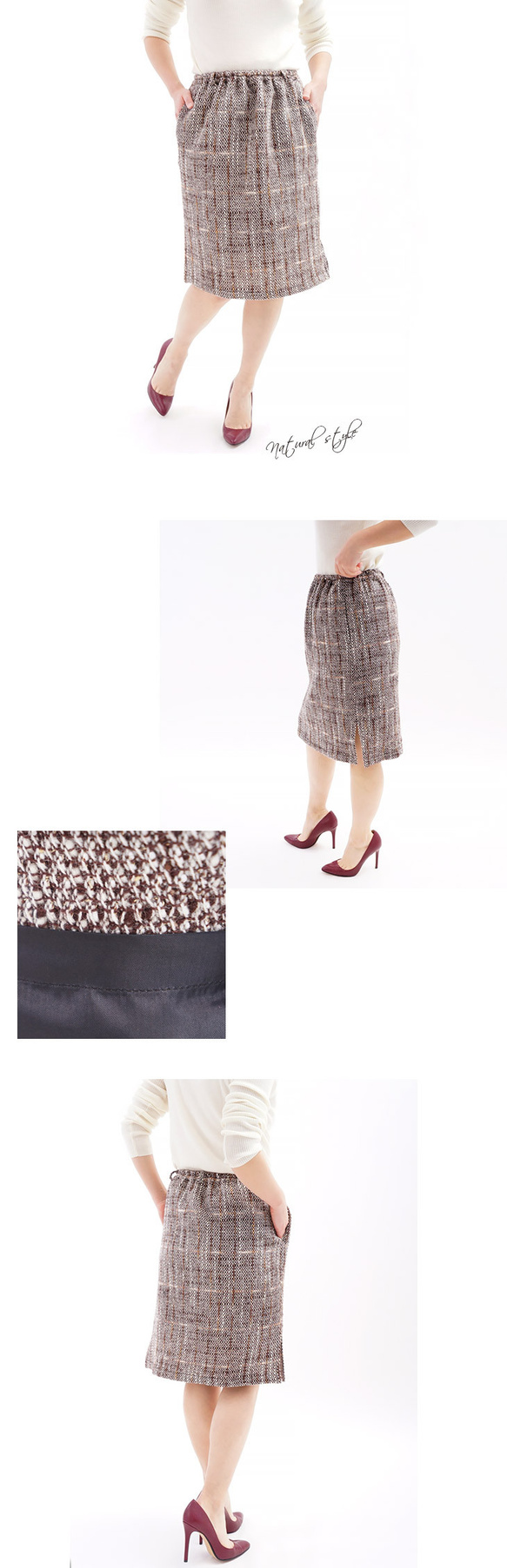 與開袋/白和布朗sk4-95花式羊毛花呢束腰裙橡膠帶環裙 第5張的照片