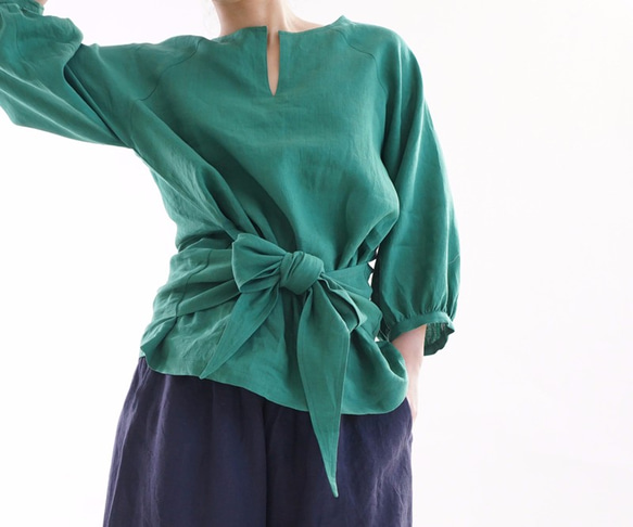 [Wafu]亞麻襯衫七分袖泡泡袖西帶緞帶開衩上衣/常盤綠t013a-tmi1 第1張的照片